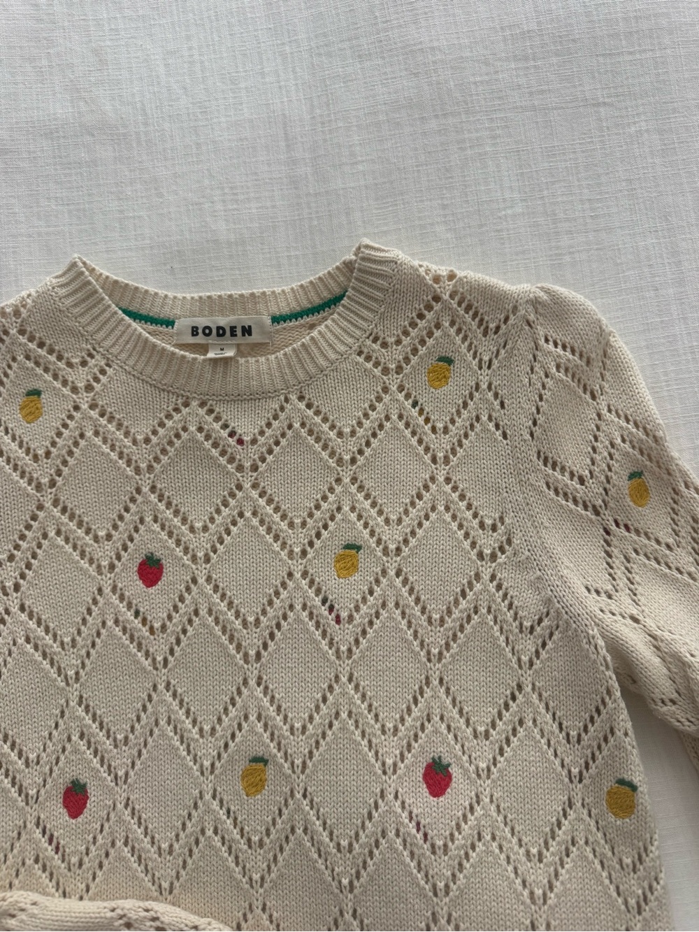 Boden Cream Eyelet Crewneck Sweater with Red and Yellow Dot Embroidery - Picture 3 of 6